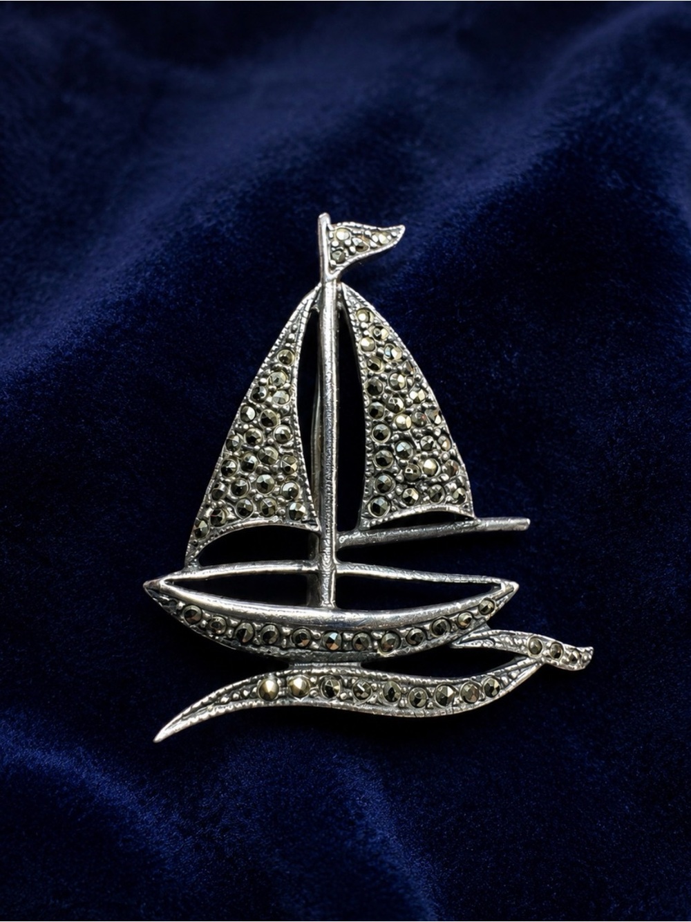 Brooch Sterling Silver Marcasite Vintage Sailboat Pin Nautical